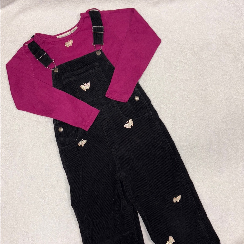 Y2K Basic Editions Pink/purple butterfly Top and Black corduroy Overalls 6/6x
